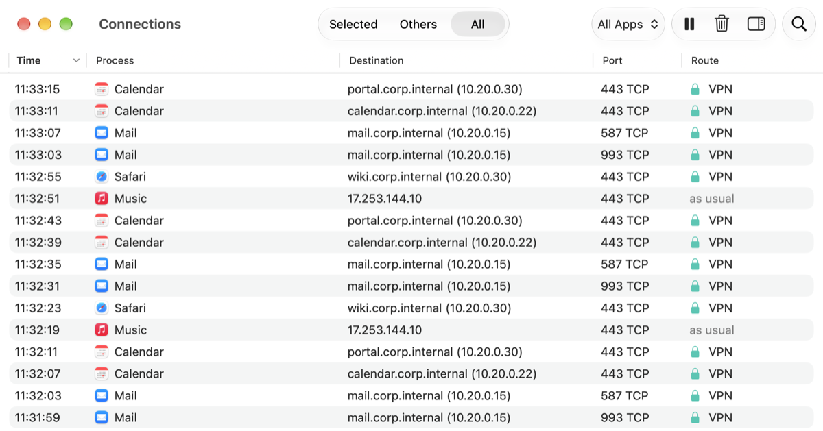 Connections window: a list of connections with time, app, server, port and route, VPN or as usual.